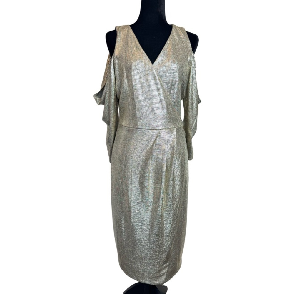 NWT RACHEL Rachel Roy Gold Metallic Off The Shoulder Draped Sleeve Midi Dress L - Picture 3 of 15